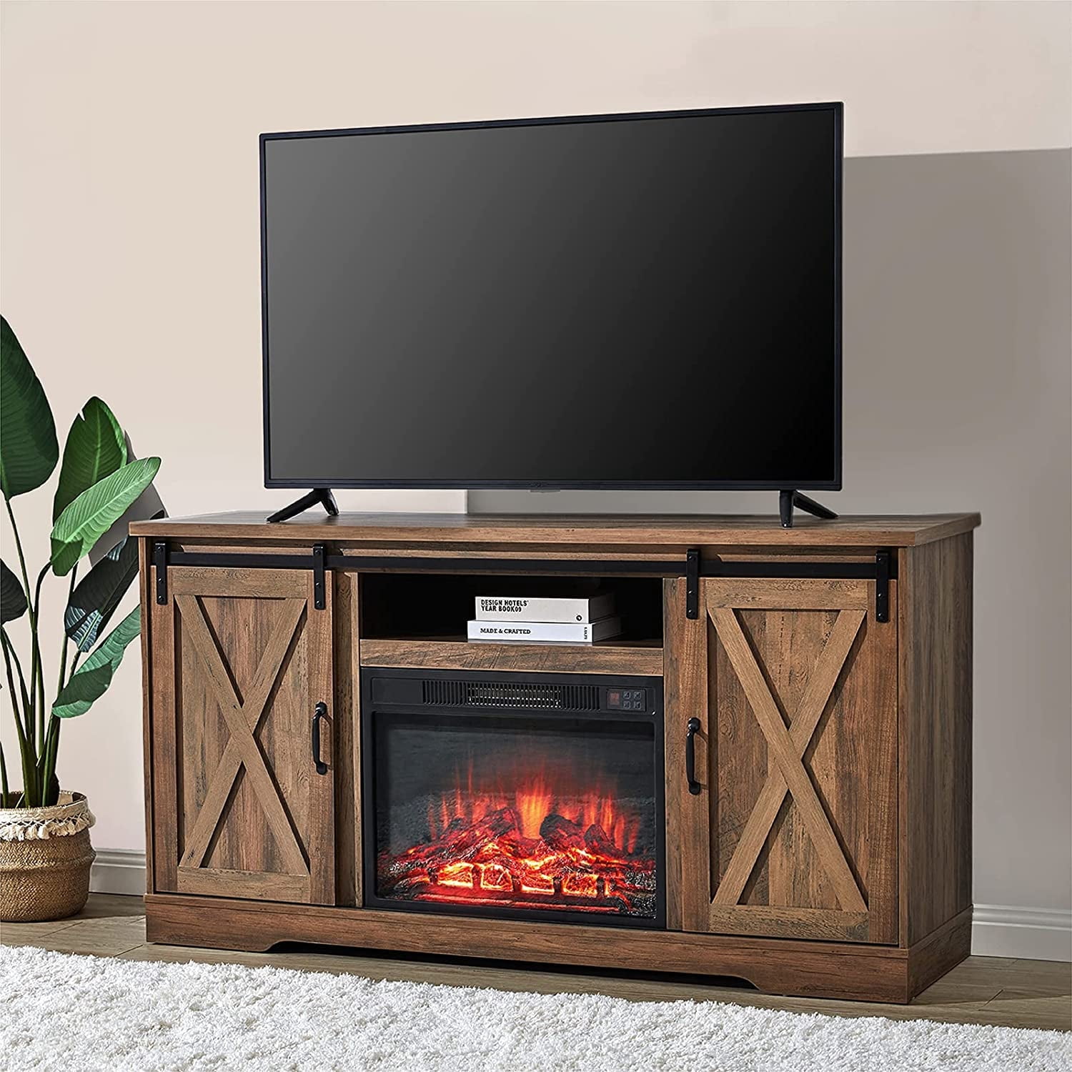 VANACC 59" Farmhouse Fireplace Entertainment Center with Adjustable Shelves，Barnwood, TV Stand with Sliding Barn Door for TVs up to 65"