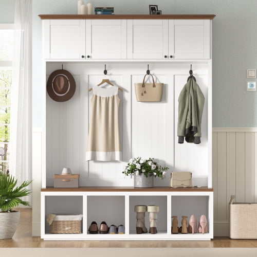 59" Farmhouse Hall Tree with Bench, Entryway Storage 4-in-1 Coat Rack with Cabinets and Hooks for Mudroom Living Room, White
