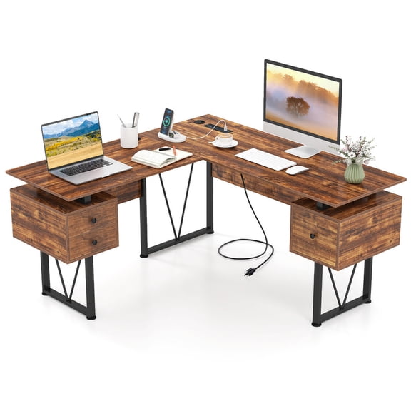 59" Farmhouse L Shape Desk with Power Outlets and 3 Storage Drawers, Large Computer Desk for Home Office Gaming, Rustic Brown