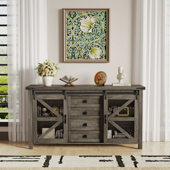 59" Farmhouse Sideboard Buffet Cabinet, Kitchen Cabinet with 2 Iron Mesh Doors and 4 Deep Drawers, Wooden Buffet Cabinet for Dining Room, Coffee Bar & Entryway