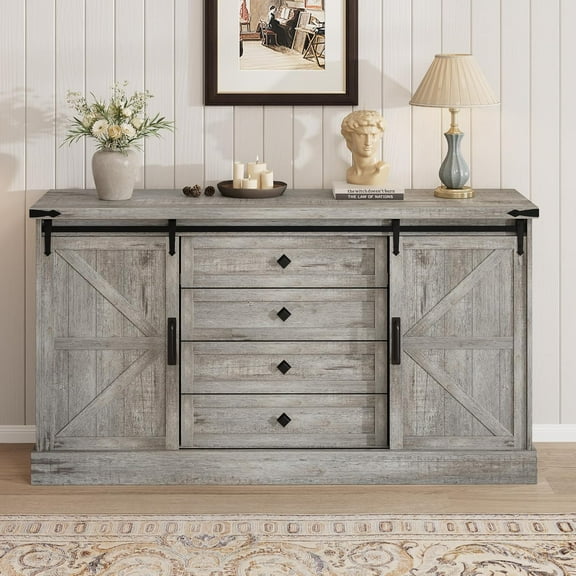 59" Farmhouse Sideboard Buffet Cabinet with Thick Top, Coffee Bar Storage Cabinet with 2 Sliding Barn Doors, 4 Drawers for Kitchen, Dining Room, Living Room(Gray)