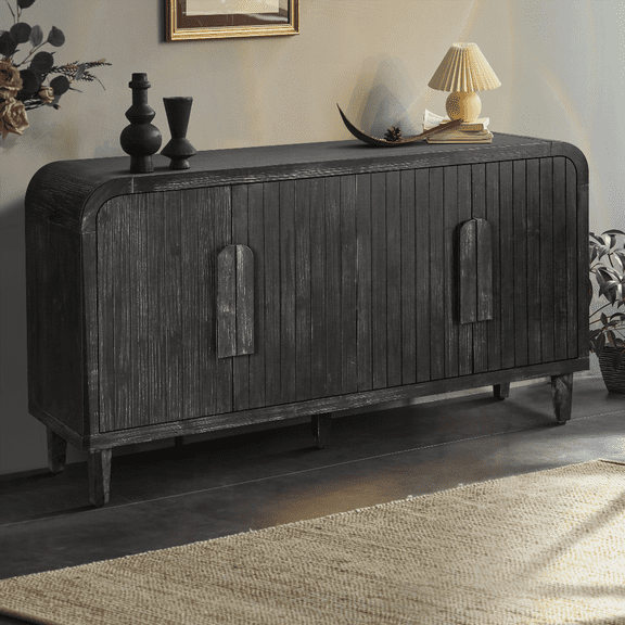 59'' Farmhouse Vintage Storage Sideboard - Antique Black Wood Grain Cabinet with Adjustable Shelves for Kitchen & Dining Room