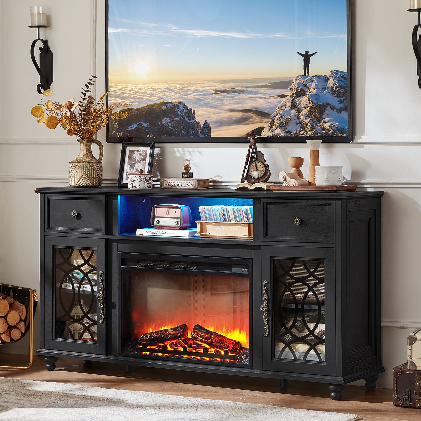 59" Fireplace TV Stand with 26.1" Electric Fireplace for TVs Up to 65", LED Light Entertainment Center and Storage, Highlight Cabinet - Black