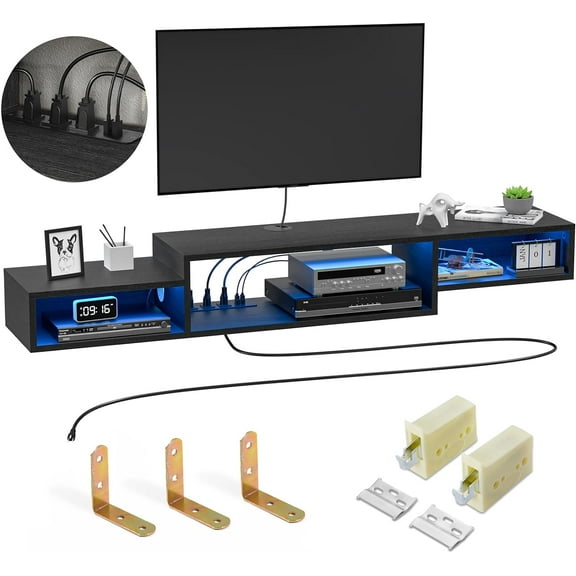 59'' Floating TV Stand with LED Light Power Outlet, Floating Shelf for Under TV Wall Mount with Storage Shelf, Media Console Entertainment Center for Living Room, Black