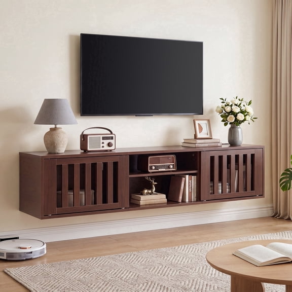 59" Floating TV Stand with Power Outlet for TVs up to 75 Inch, 2-Tier Wall Mounted Entertainment Center with Storage, Retro Floating TV Console Media Shelf for Living Room,Bedroom, Walnut