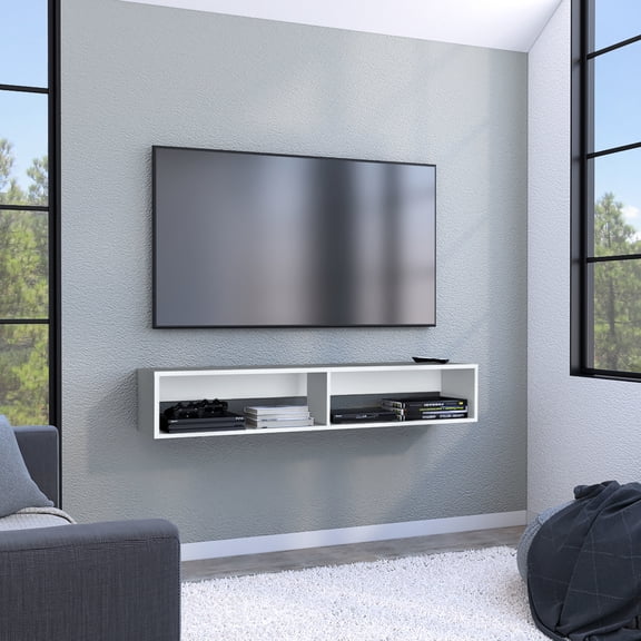 59" Floating Tv Console In White With Two Open Shelf Units & Cable Management Innovation, Fits 65" Tvs, Modern For Living, Bedroom, Entertainment Emphasis Shelf, - Shelves Router,