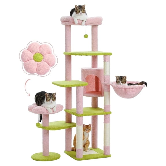 59" Flower , Tall for Large Cat, Multi-Level Cat Tower, Cute for Indoor Cats, Cat Condo with Large Hammock, Scratching Post, 2 Perches, Pink