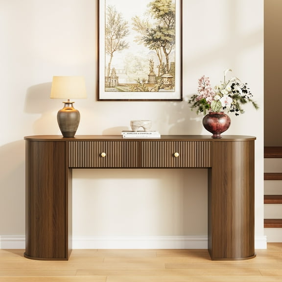 59" Fluted Console Table with Drawers, Wood Entryway Table with Storage, Long Sofa Table Behind Couch for Hallway, Mid Century Modern, Walnut