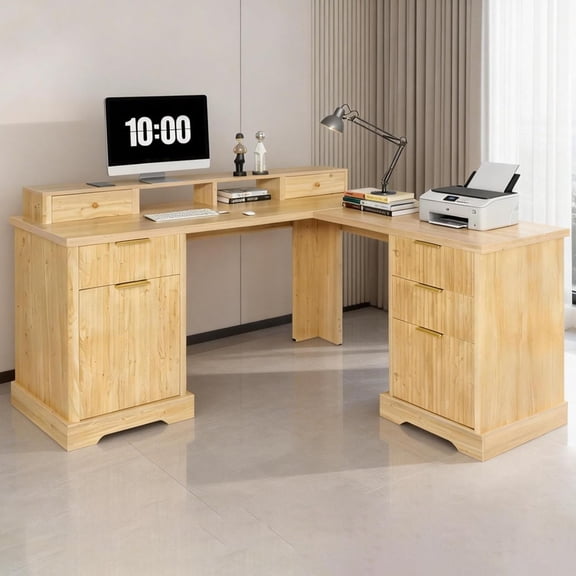 59'' Fluted Executive L Shaped Desk, Computer Corner Desks with Power Outlets, Extra Large Storage Drawer & Cabinet, Home Office Writing Desk for Study Bedroom,Natural Oak