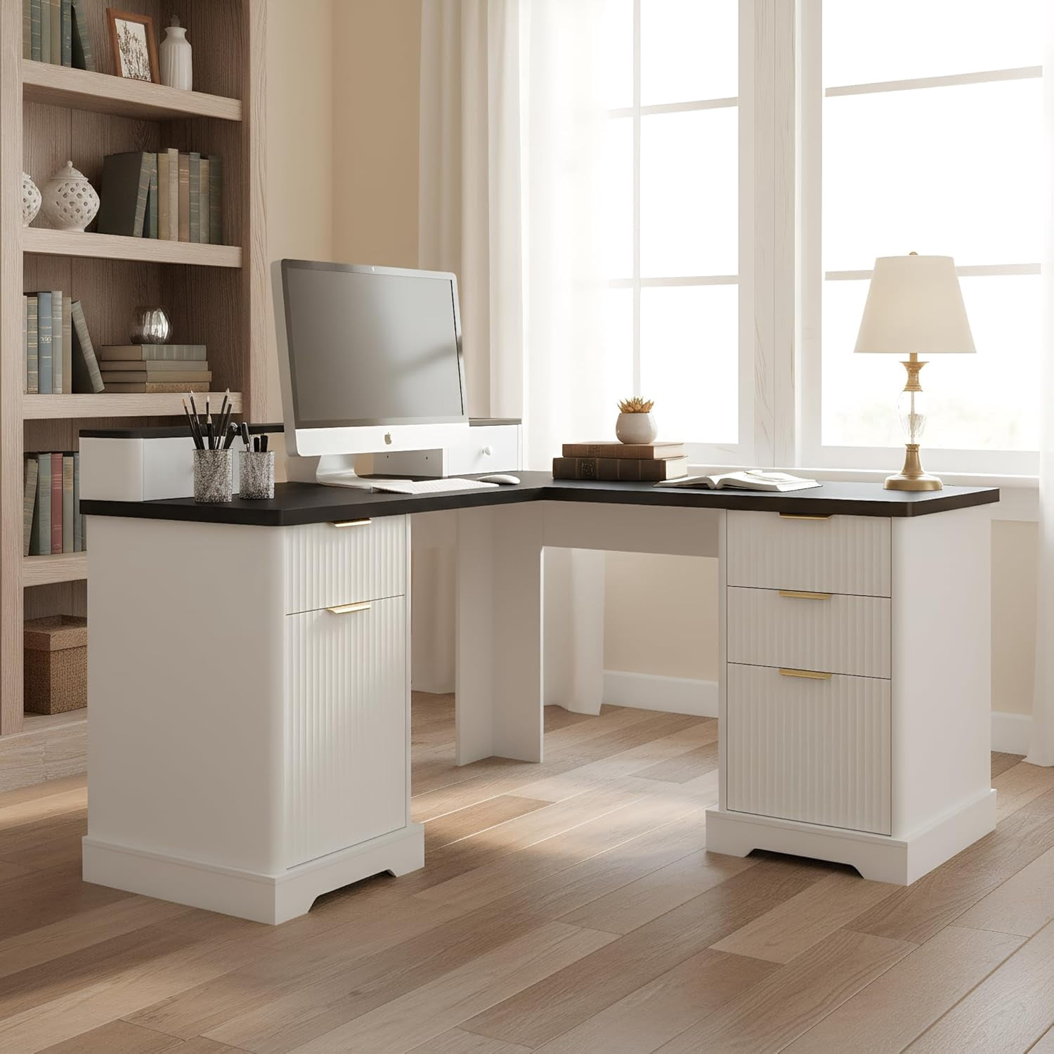 59'' Fluted Executive L Shaped Desk, Computer Corner Desks with Power Outlets, Extra Large Storage Drawer & Cabinet, Home Office Writing Desk for Study Bedroom,White