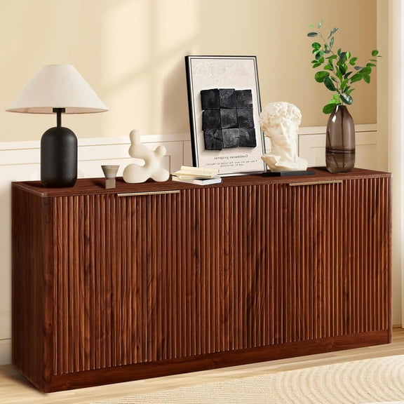 LKTART Rustic/Lodge Fluted Sideboard Buffet Cabinet with Storage 4 Doors Wood 59 Inch