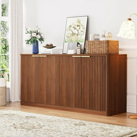 59" Fluted Sideboard Buffet Cabinet with Storage, Large Buffet Cabinet with 4 Doors,Wood Mid Century Modern Sideboard for Kitchen,Living Room,Entryway(Natural)