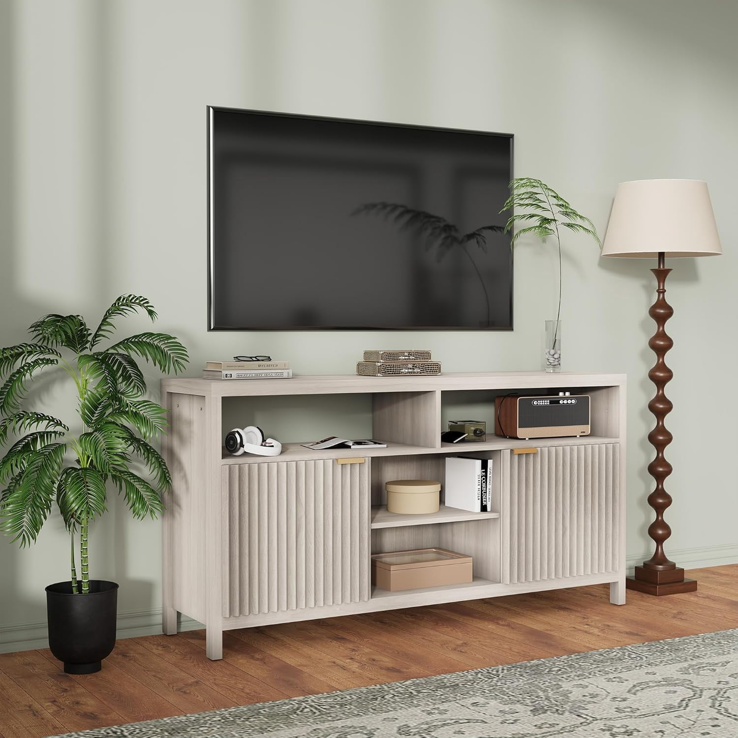 59" Fluted TV Stands for Living Room, Mid Century Modern Entertainment Center with Adjustable Shelves and Open Storage, TV Console for Bedroom, Apartment