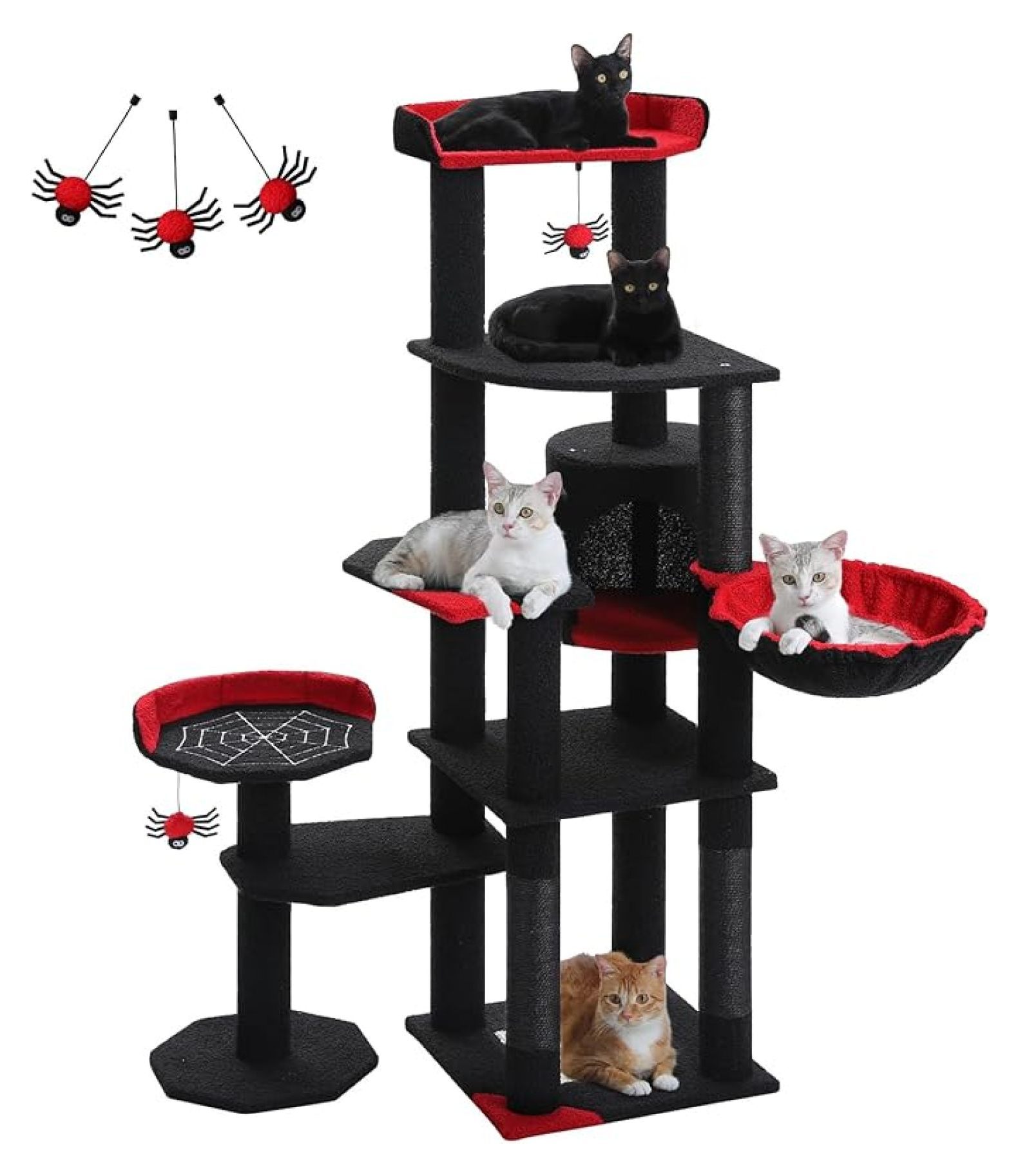 59" Gothic with Coffin Bed-Black Cat Tower for Indoor Cats with Spacious Cat Condo & Cozy Hammock, Spider Hanging Balls, Sisal Scratching Post 2 Spooky Perches for