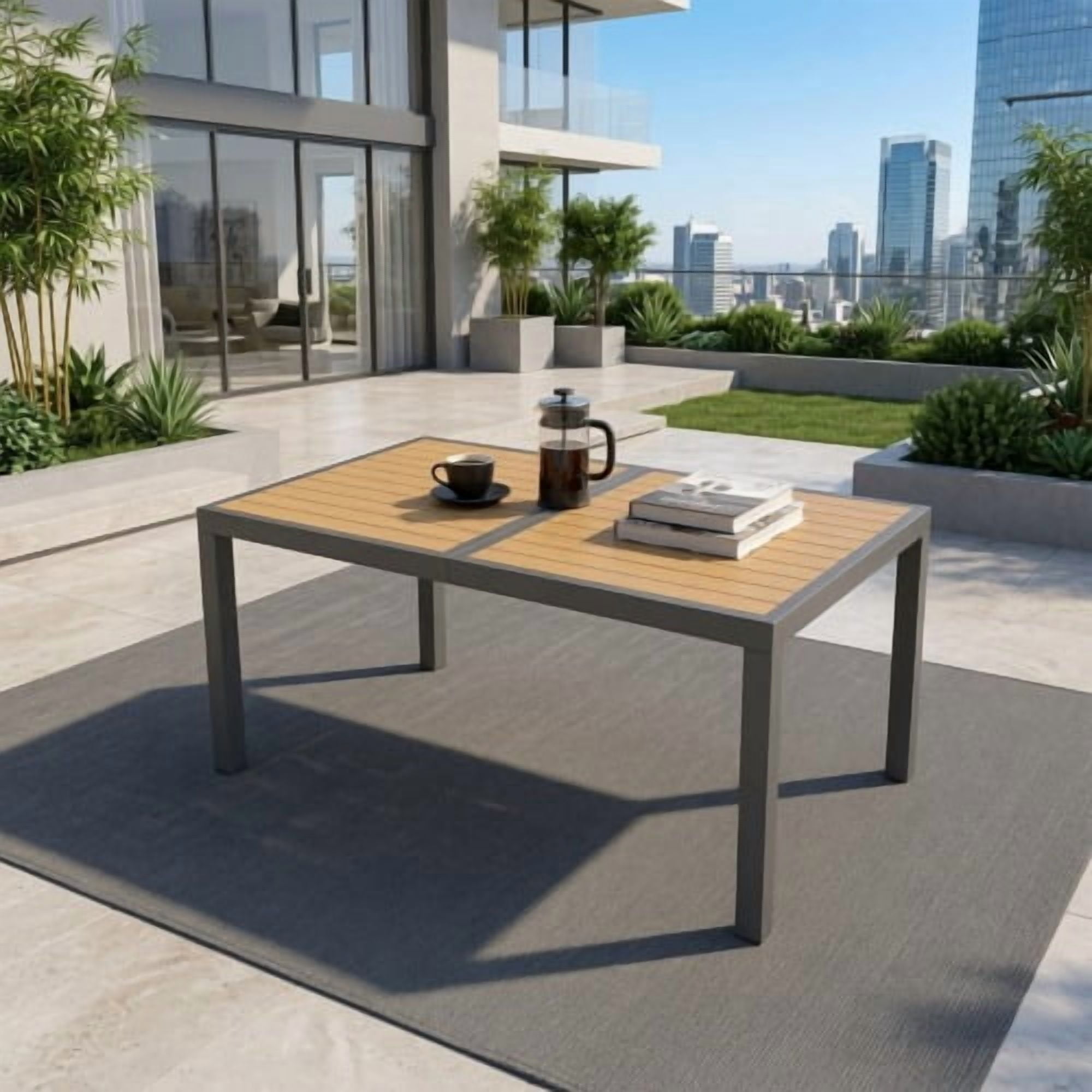 59" Grey Aluminum Heavy-Duty Rectangular Outdoor Patio Dining Table with All-Weather HDPS Slatted Top & Rust-Resistant Frame