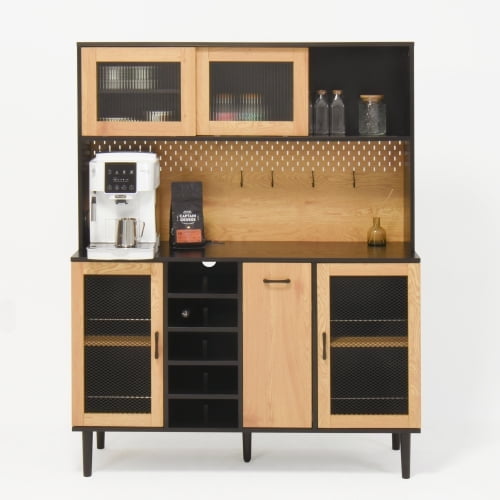 59" H Buffet Sideboard Cabinet with Storage Door & Power Outlet, Farmhouse Coffee Bar Cabinet with Wine Rack, Kitchen Pantry Living Room (Black)