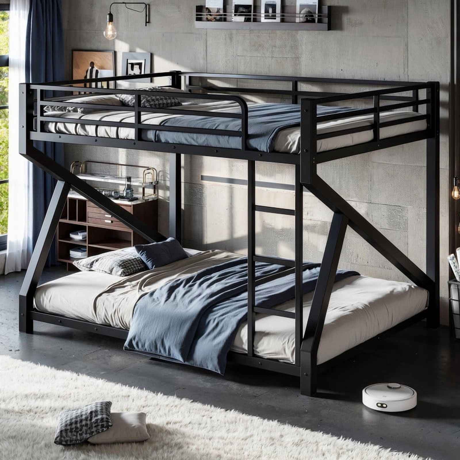 59''H Low Profile Queen-Over-Queen Teens Bunk Bed with Built-In Ladder, Kids Black Metal Bed Frame with Guardrail