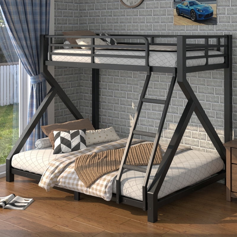 59''H Low Profile Twin-Over-Full Teens Bunk Bed with Built-In Ladder, Kids Black Metal Bed Frame with Guardrail
