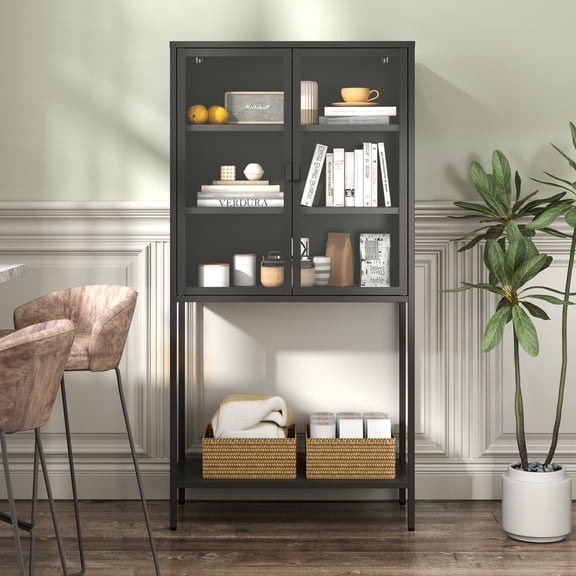59"H Metal Storage Cabinet with Glass Doors and 2 Adjustable Shelves, Tall Bookcase Modern Bookshelf for Home Office, Living Room Wall, Pantry