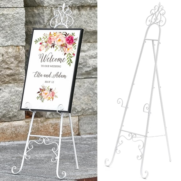 59" H Metal White Easel Stand for Sign, Large Adjustable Free Standing Scroll Display Easel for Wedding Sign Mirror Picture Poster Holder Showcasing