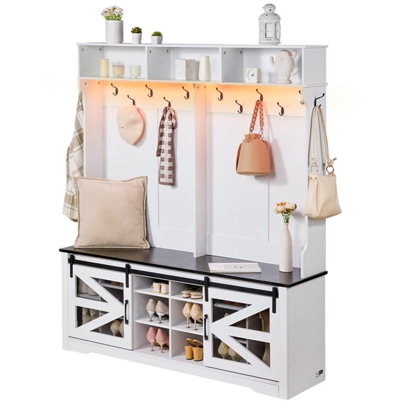 59" Hall Tree Entryway Bench with LED Coat Rack, Shoe Storage & Adjustable Shelves, 12 Hooks - Mudroom, Hallway Organizer with Seating