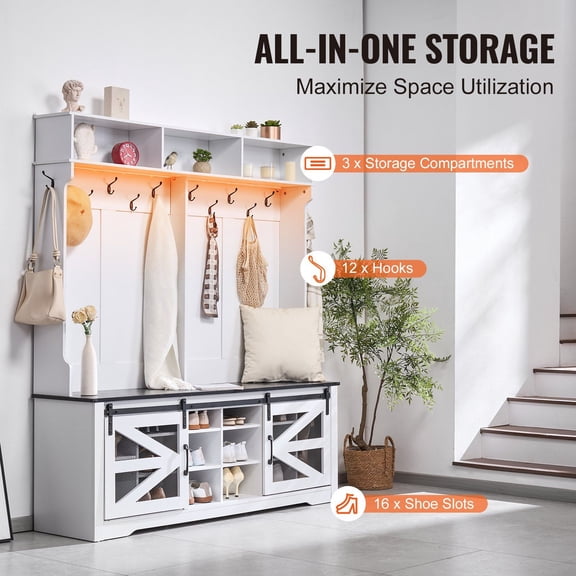59" Hall Tree Entryway Bench with LED Coat Rack, Shoe Storage & Adjustable Shelves, 12 Hooks for Mudroom, Hallway, Entryway Organizer with Seating