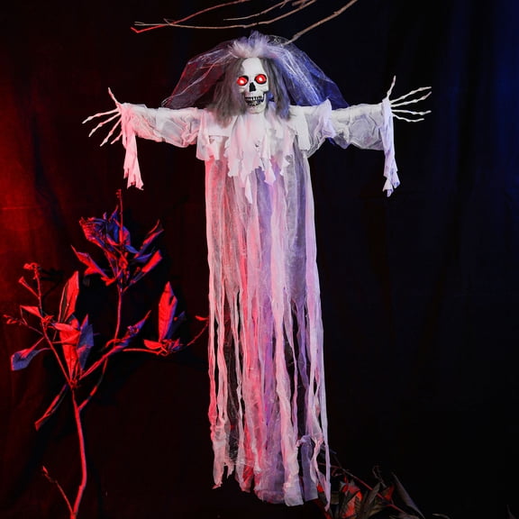 59" Halloween Ghost Bride with Veil,Voice Activated Shaking Body Hanging Ghosts Props,Scary Giant Skeleton with Creepy Sounds & Glowing Eyes for Haunted House,Porch Lawn,Animatronics Hanging Decor