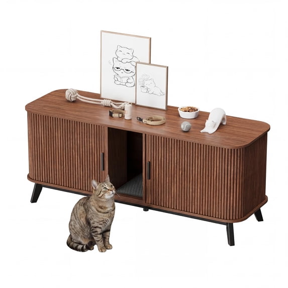 59" Hidden Cat Litter Box Enclosure Furniture, Double-Room Litter Box Cabinet with Sliding Door - Dog-Proof - Odor Control - Storage Bench Hideaway - Indoor Cat House, Color: Walnut