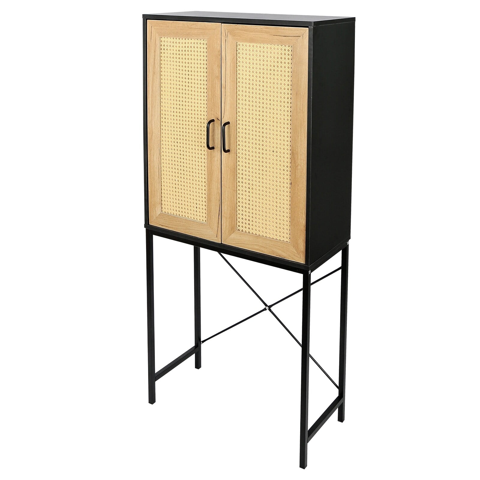 Elegant Black and Oak Cabinet with Rattan Doors