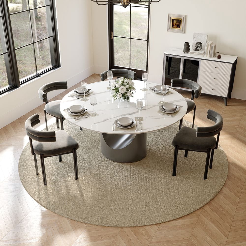 POVISON-59" Hobart Modern Round Dining Table for 6, White Glossy ...