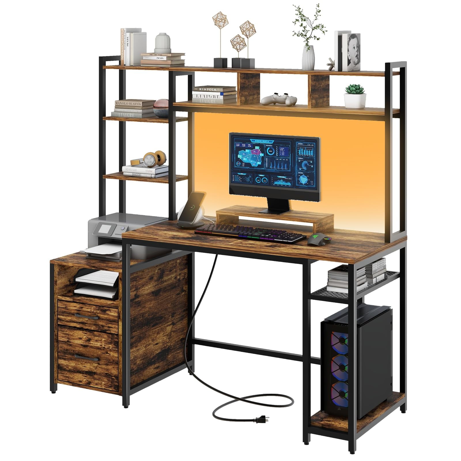 59" Home Office Desk with LED Lights and Power Outlets, Gaming Desk with Drawers and Shelves, Rustic Brown Finish
