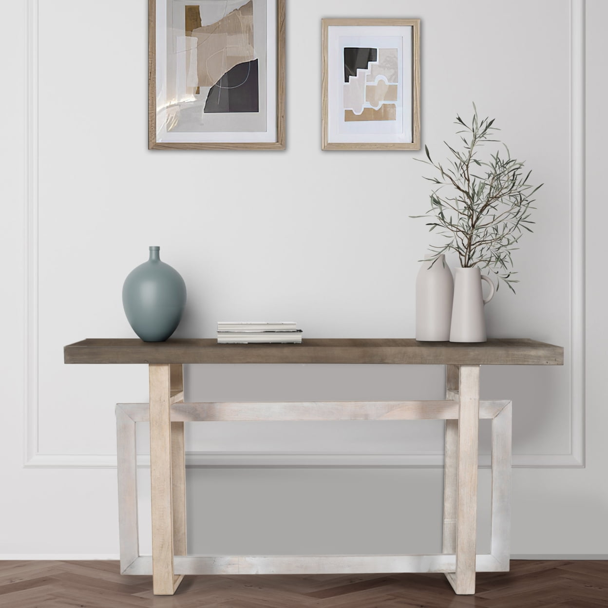 Rustic Light Brown Mango Wood 60" Console Table with Geometric Base