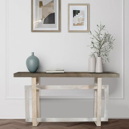 59 Inch Artisan Sideboard Console Table with Geometric Interlocked Base Distressed Matte Gray - Saltoro Sherpi
