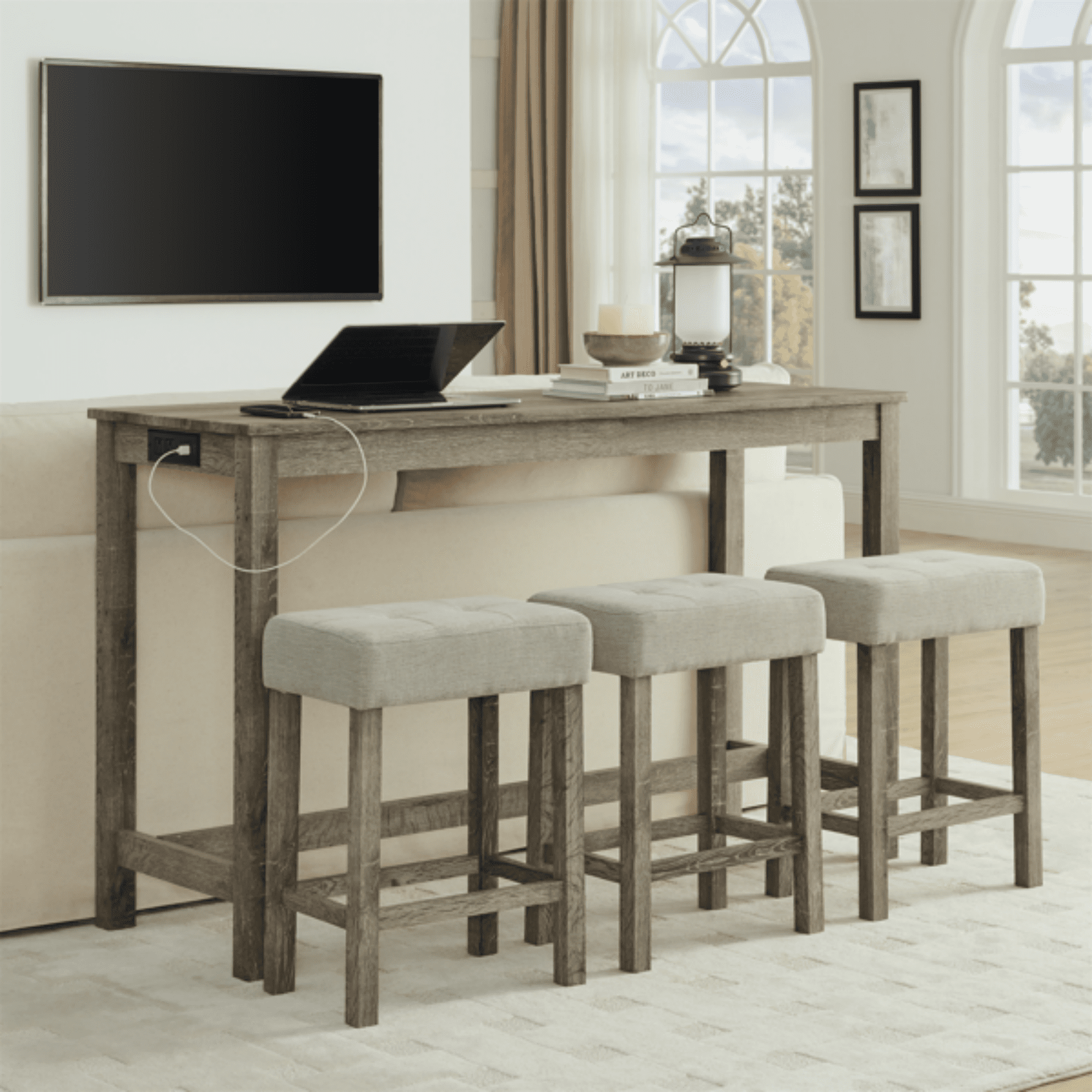59 Inch Bar Table, Dining Table, Sofa Table with Power Outlet, 3 Upholstered Stools, 4 Piece Bar Table and Chair Set for Living Room, Dining Room, Kitchen