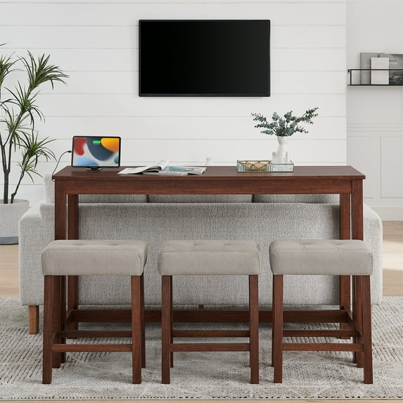 59 Inch Bar Table, Dining Table, Sofa Table with Power Outlet, 3 Upholstered Stools, 4 Piece Bar Table and Chair Set for Living Room