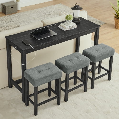 59 Inch Bar Table Set with Power Outlet, 4 Piece Kitchen Dining Table with 3 Upholstered Stools, Modern Industrial Sofa Table for Living Room, Black