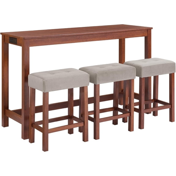 59 Inch Bar Table Set with Power Outlet Industrial Breakfast Table with 3 Padded Stools Solid Wood Console Table for Living Room Dining Room Cherry