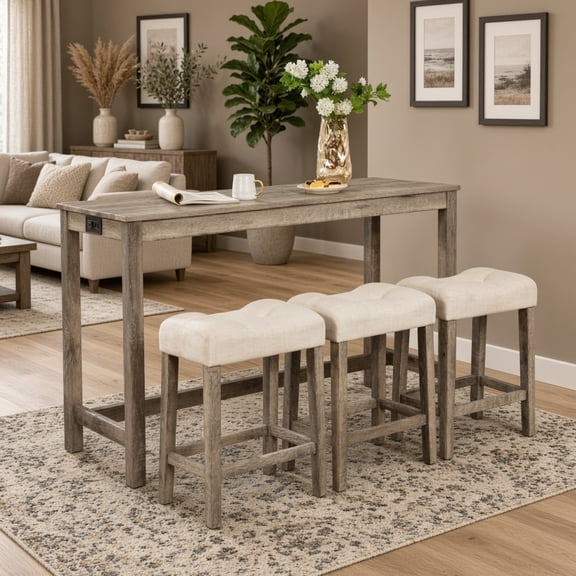 59 Inch Bar Table Set with Power Outlet, USB Ports and 3 Padded Stools, Behind Couch Table for Living Room, Brown