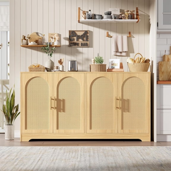 59 Inch Boho Rattan Storage Cabinet with 4 Doors Modern Buffet Sideboard Console Table Large Capacity Storage Organizer Coffee Bar Cabinet for Living Room Kitchen Dining Room, Natural
