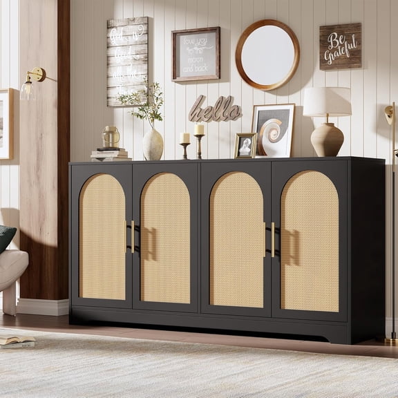 59 Inch Boho Rattan Storage Cabinet with 4 Doors Modern Buffet Sideboard Console Table Large Capacity Storage Organizer Coffee Bar Cabinet for Living Room Kitchen Dining Room, Black