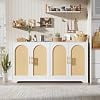 59 Inch Boho Sideboard Buffet Cabinet, White Multipurpose Storage Console Table with 4 Woven Rattan Doors, Large Capacity Coffee Bar Furniture for Kitchen, Dining Room, Living Room Entryway