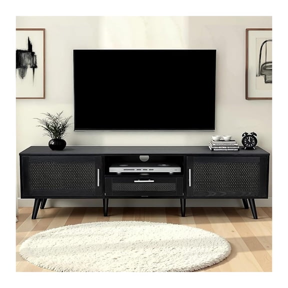 59 Inch Boho TV Stand for up to 70 inch TV, TV Console with 2 Hand Made Rattan Decorated Doors, Living Room Entertainment Center TV Table with Storage, Black