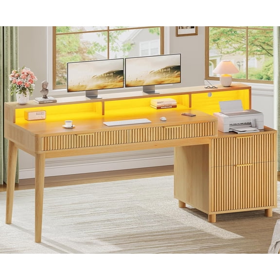 59 Inch Computer Desk with 4 Drawers, Fluted Office Desk with File Drawer, LED Lights and Power Outlets, Wood Writing Desk, Large PC Workstation for Home Office, Living Room, Bedroom, Natural