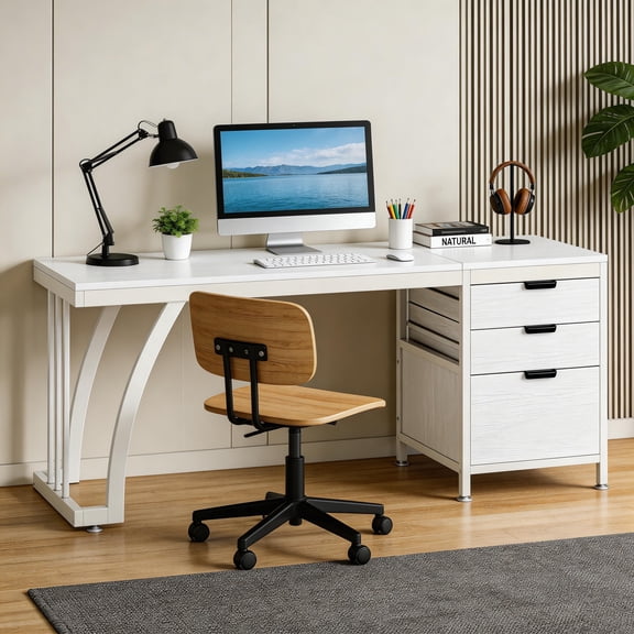 59 Inch Computer Desk With 3 Drawers Reversible Drawers Industrial PC Desk File Storage Study Writing Table Workstation For Home Office (White)