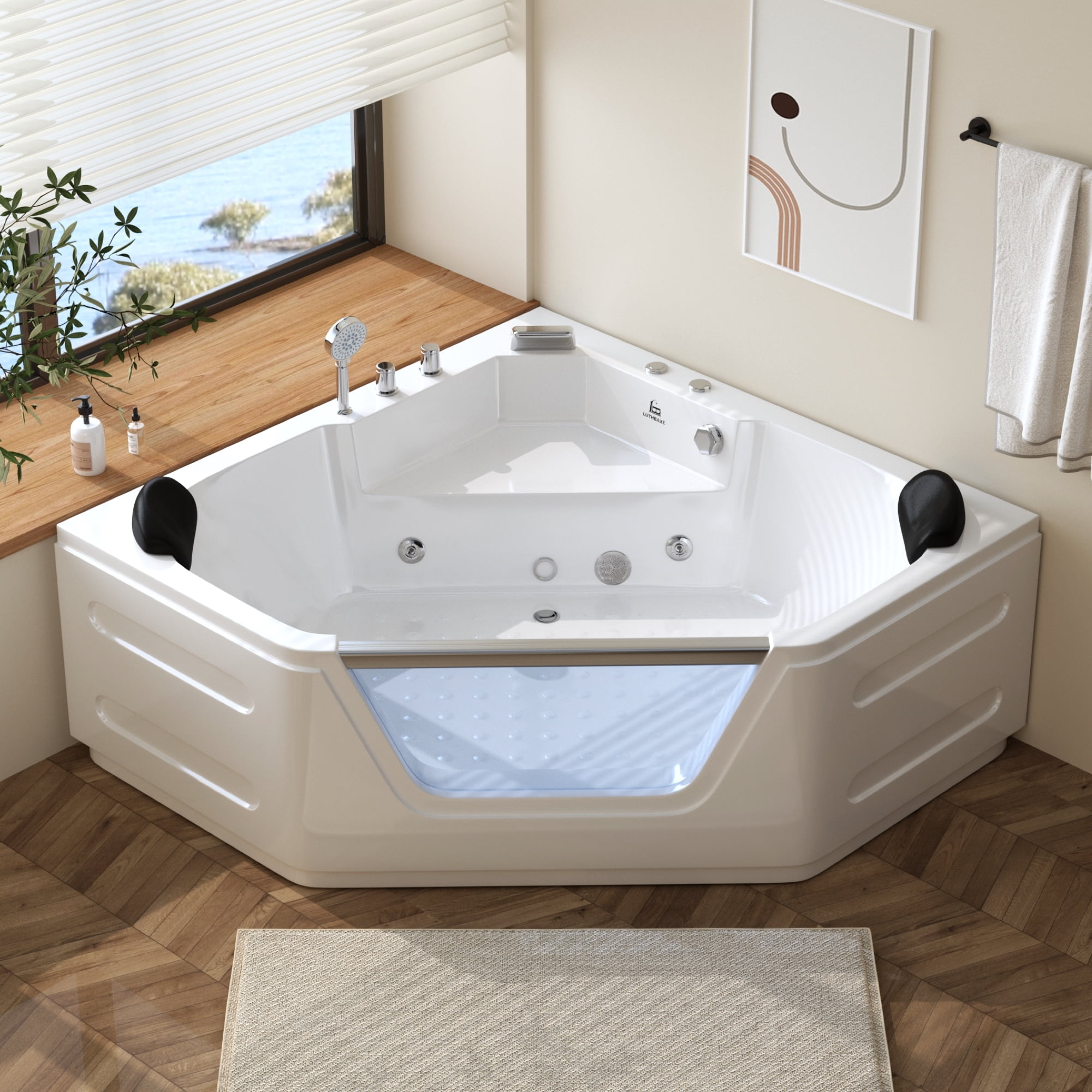 Ibiza with heater 59.05 in. Acrylic Center Drain Corner Alcove Whirlpool Bathtub in White Ibiza with heater 59.05 in. Acrylic Center Drain Corner Alcove Whirlpool Bathtub in White