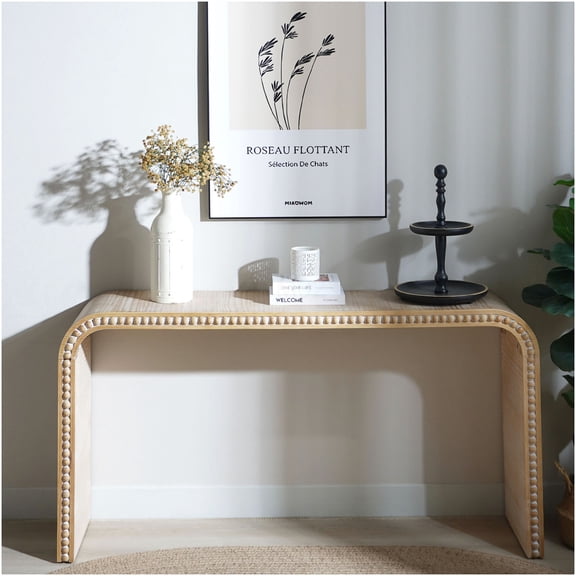 59 Inch Curved Waterfall Console Table with Wood Bead Accents for Entryway & Living Room