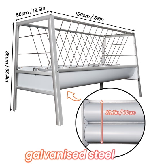 59 Inch Dual Slot Goat Sheep Feeder, Galvanized Anti-Waste Livestock Feeding Trough, Hay and Grain Combination Feeder, Indoor Outdoor Feeder for Goats Cattle Sheep