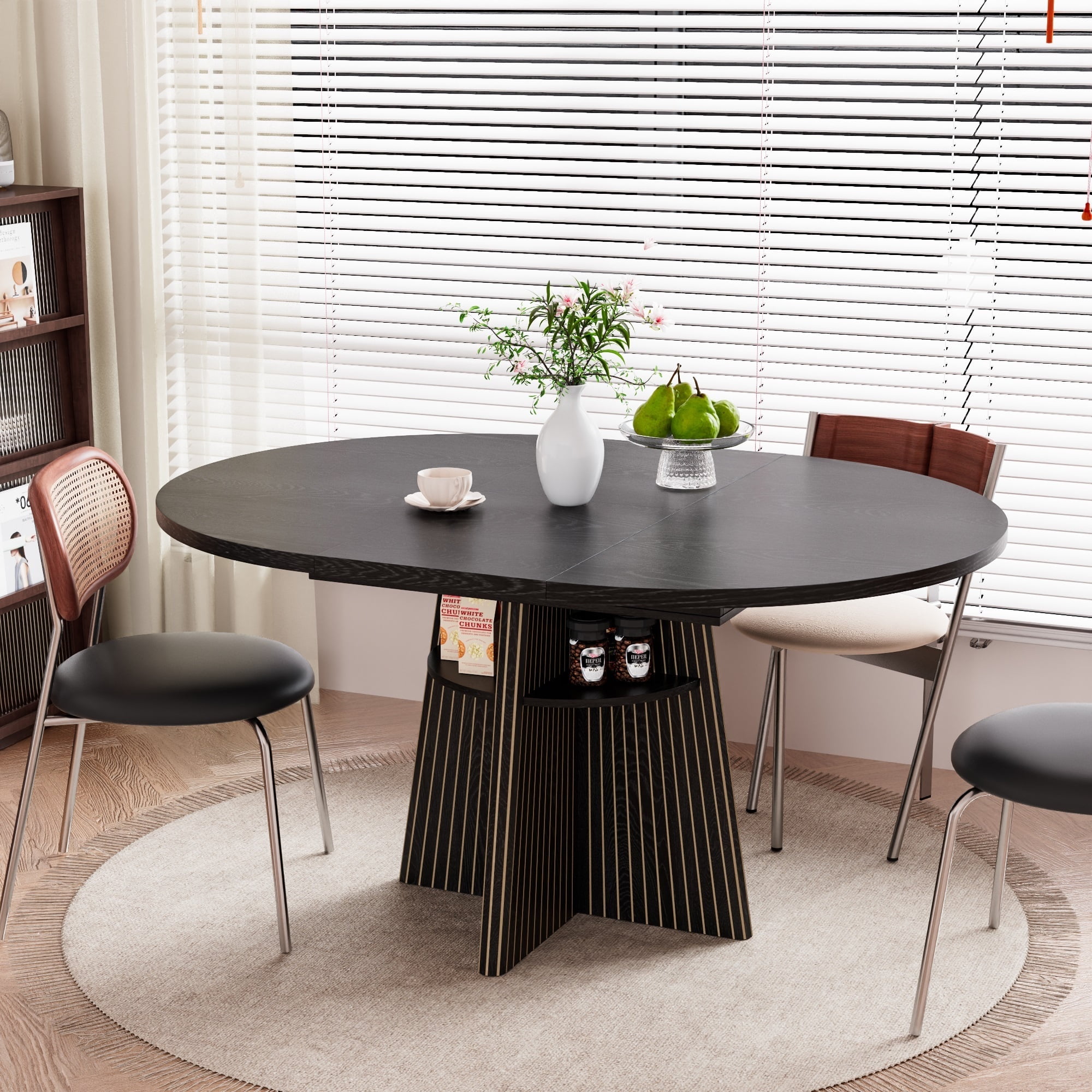59 Inch Extendable Dining Room Table for 4-8, Modern Round Kitchen Table with Storage Shelves, Oval Dinner Tables for Living Room，Black