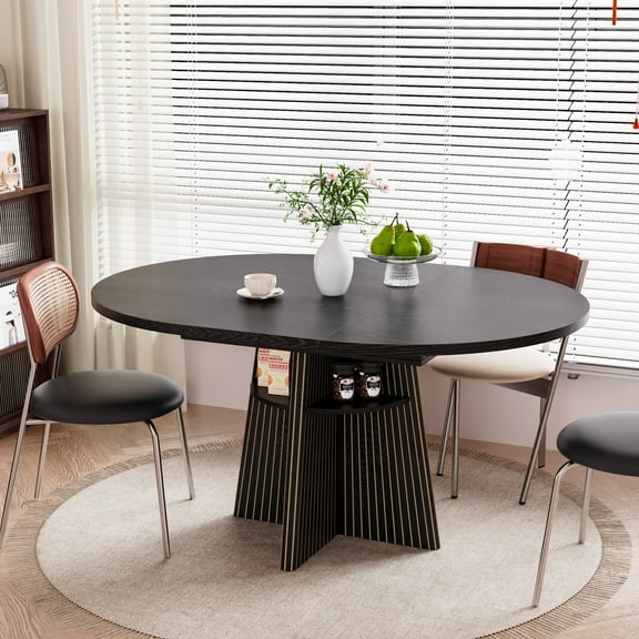 59 Inch Extendable Dining Room Table for 4-8, Modern Round Kitchen Table with Storage Shelves, Oval Dinner Tables for Living Room，Black