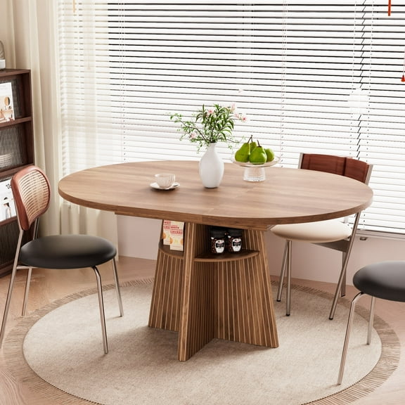 59 Inch Extendable Dining Room Table for 4-8, Modern Round Kitchen Table with Storage Shelves, Oval Dinner Tables for Living Room，Walnut
